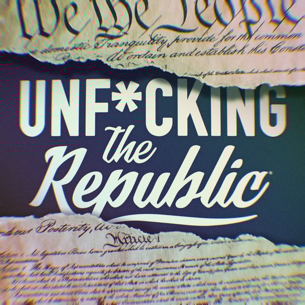 Image of the US Constitution ripped in the middle revealing white text on a blue background that says, ‘Unf*cking the Republic.