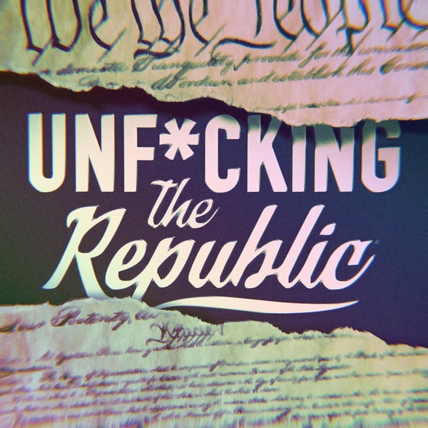 Image of the US Constitution ripped in the middle revealing white text on a blue background that says, ‘Unf*cking the Republic.
