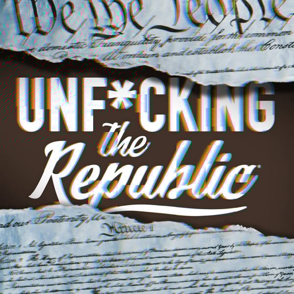 Image of the US Constitution ripped in the middle revealing white text on a blue background that says, ‘Unf*cking the Republic.