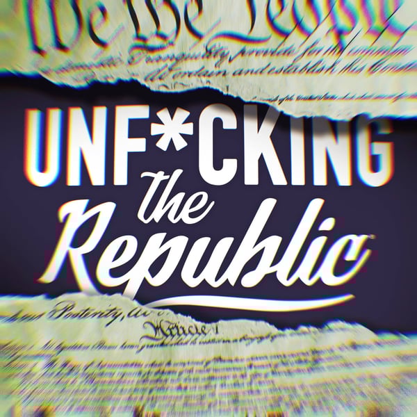 Image of the US Constitution ripped in the middle revealing white text on a blue background that says, ‘Unf*cking the Republic.