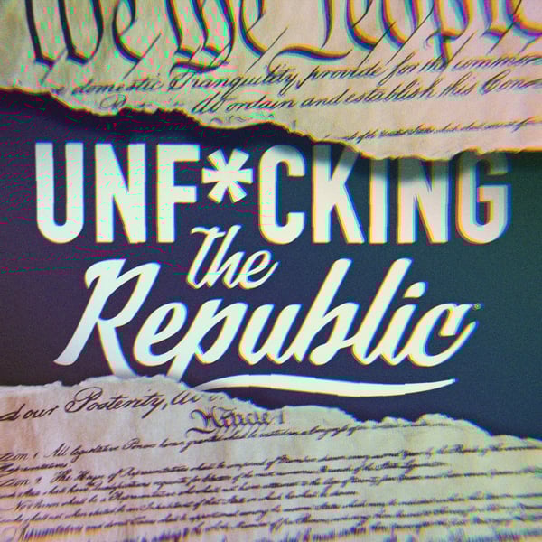 Image of the US Constitution ripped in the middle revealing white text on a blue background that says, ‘Unf*cking the Republic.