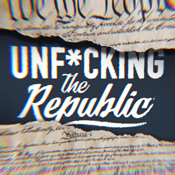 Image of the US Constitution ripped in the middle revealing white text on a blue background that says, ‘Unf*cking the Republic.