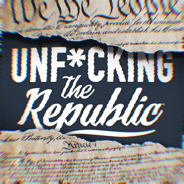 Image of the US Constitution ripped in the middle revealing white text on a blue background that says, ‘Unf*cking the Republic.