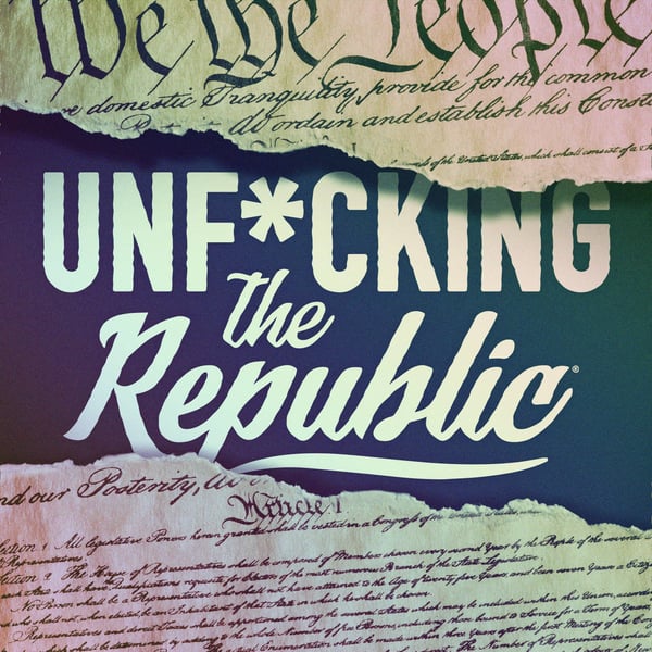 Image of the US Constitution ripped in the middle revealing white text on a blue background that says, ‘Unf*cking the Republic.