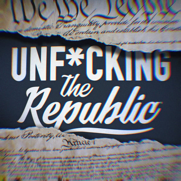 Image of the US Constitution ripped in the middle revealing white text on a blue background that says, ‘Unf*cking the Republic.