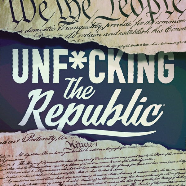 Image of the US Constitution ripped in the middle revealing white text on a blue background that says, ‘Unf*cking the Republic.