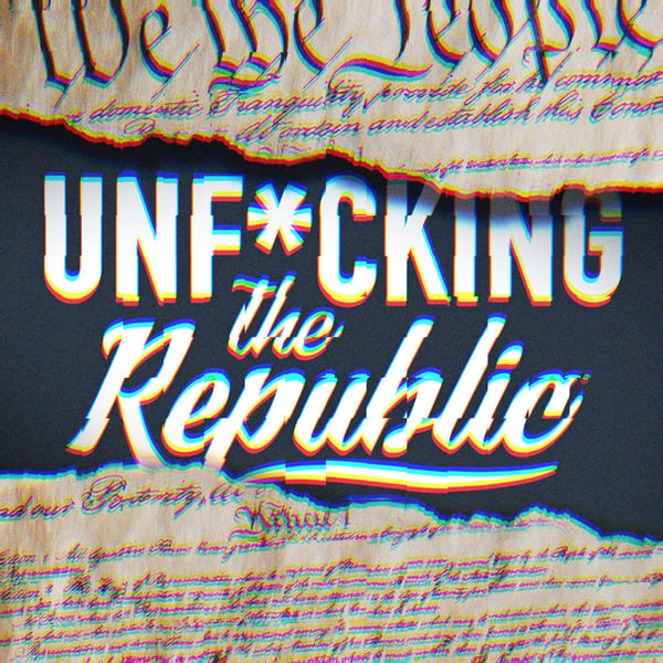 Image of the US Constitution ripped in the middle revealing white text on a blue background that says, ‘Unf*cking the Republic.