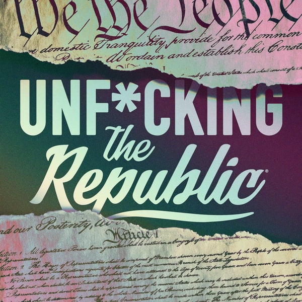 Image of the US Constitution ripped in the middle revealing white text on a blue background that says, ‘Unf*cking the Republic.