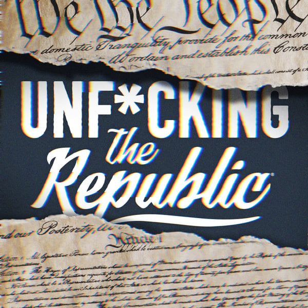 Image of the US Constitution ripped in the middle revealing white text on a blue background that says, ‘Unf*cking the Republic.