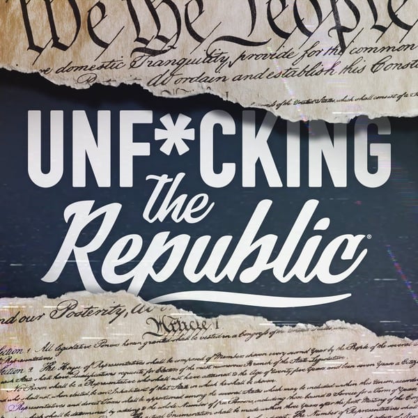 Image of the US Constitution ripped in the middle revealing white text on a blue background that says, ‘Unf*cking the Republic.