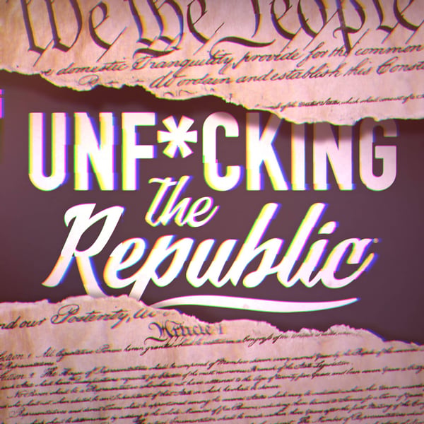 Image of the US Constitution ripped in the middle revealing white text on a blue background that says, ‘Unf*cking the Republic.