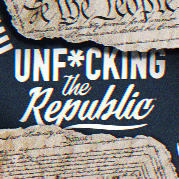Image of the US Constitution ripped in the middle revealing white text on a blue background that says, ‘Unf*cking the Republic.
