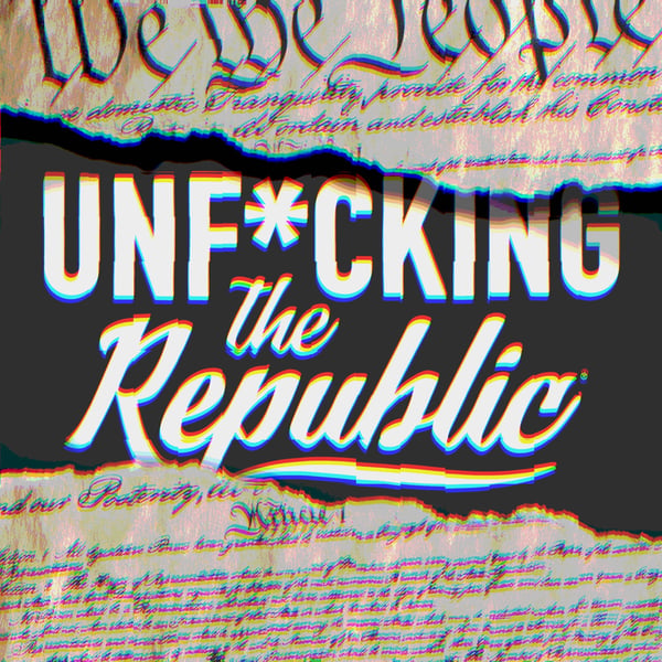 Image of the US Constitution ripped in the middle revealing white text on a blue background that says, ‘Unf*cking the Republic.