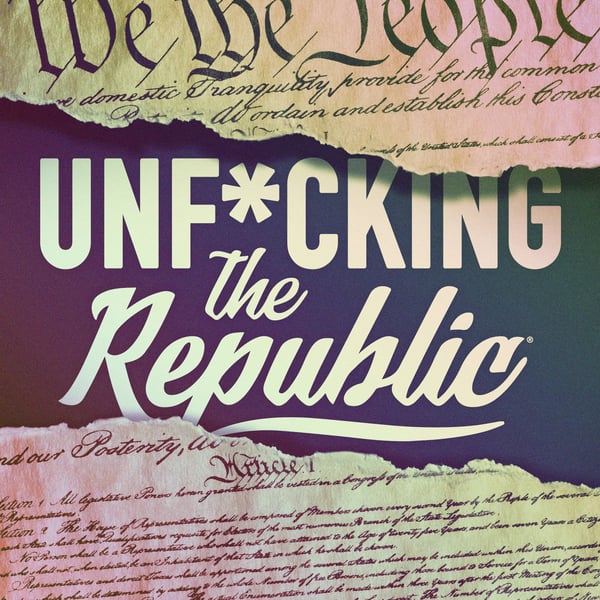 Image of the US Constitution ripped in the middle revealing white text on a blue background that says, ‘Unf*cking the Republic.