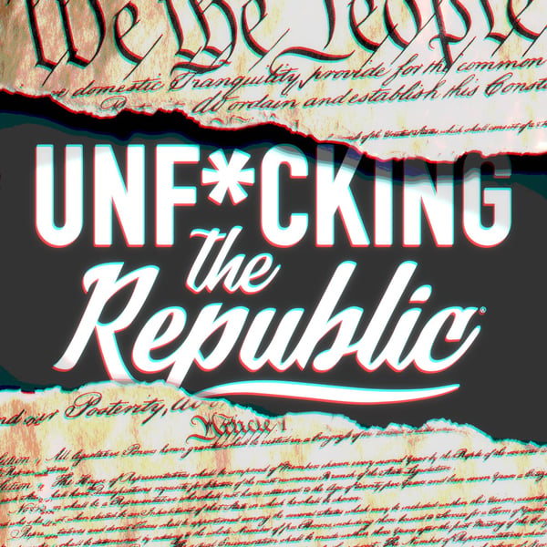 Image of the US Constitution ripped in the middle revealing white text on a blue background that says, ‘Unf*cking the Republic.