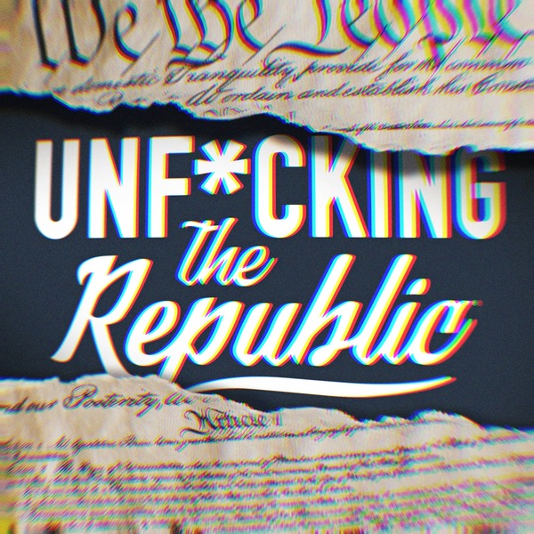 Image of the US Constitution ripped in the middle revealing white text on a blue background that says, ‘Unf*cking the Republic.