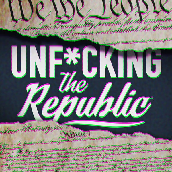 Image of the US Constitution ripped in the middle revealing white text on a blue background that says, ‘Unf*cking the Republic.
