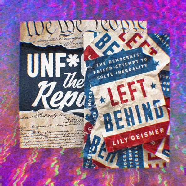 Unf*cking The Republic Logo and the Left Behind book cover on a rainbow background.