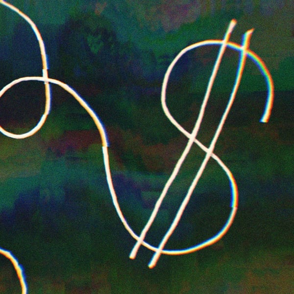 A ball of string unwound, the string on the end is fashioned in the shape of a dollar sign.