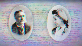 Black and white portraits of Chester A. Arthur and Julia Sand. Sand's letters to Arthur are featured, lightly blurred in the background.