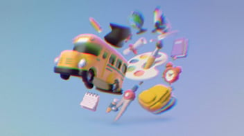Rendering of a school bus, graduation cap, backpack and miscellaneous school supplies. 