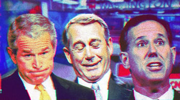 Composite photo of George W. Bush, John Boehner and Rick Santorum, with the CNN studio in the background. All three are making dumb faces.