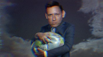 Composite image of Peter Thiel holding an inflatable globe and crushing it. 