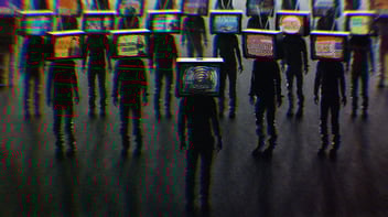 A brainwashed army of people with televisions for heads. The TVs all have different PragerU videos playing on them. 