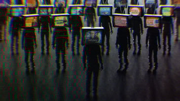 A brainwashed army of people with televisions for heads. The TVs all have different PragerU videos playing on them. 