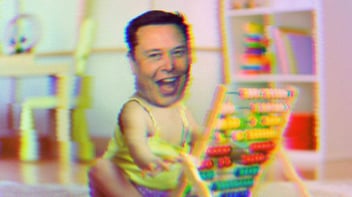 Composite image of Elon Musk's head on a baby's body. The baby is playing with an abacus.