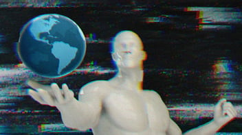 Rendering of a man with his fist clenched holding a globe, symbolizing power. 