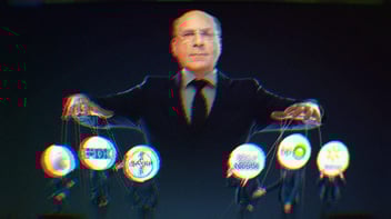 Larry Fink as a puppet master; the puppets are Apple, Fox, Bayer AG, Nestle, BP and Walmart.