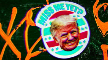 Sticker of Donald Trump, with text that says, 