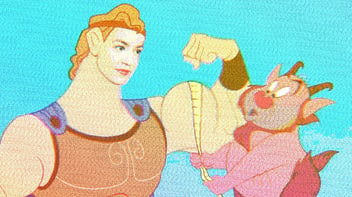 Still from Disney's Hercules, with AOC's face on Hercules' body. Hercules is flexing his arm, while Phil measures his bicep. 