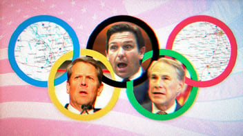 Composite image of Brian Kemp, Ron DeSantis and George Abbott's faces inside the Olympic rings.
