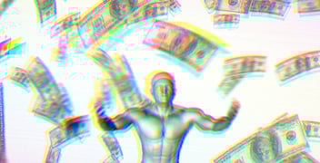 A rendering of a man with his hands raised and 100 dollar bills flying down around him. 