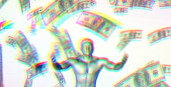 A rendering of a man with his hands raised and 100 dollar bills flying down around him. 