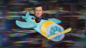 Pete Buttigieg sitting in a cartoon airplane, frowning.