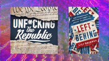 Unf*cking the Republic logo and the Left Behind book cover on a rainbow background.