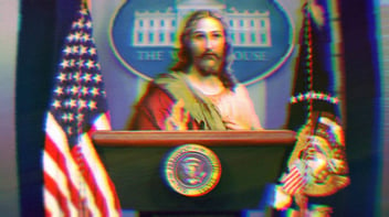 An illustration of Jesus standing behind the White House briefing room podium.