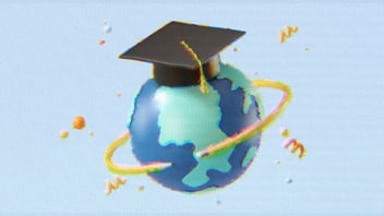 Rendering of the Earth wearing a graduation cap. A pencil bends around the earth like a ring. 