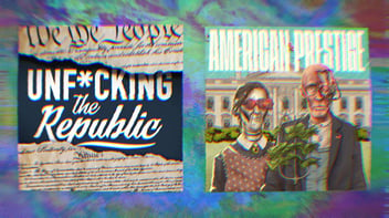 Unf*cking the Republic logo and American Prestige logo on a rainbow background.
