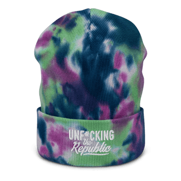 Navy, green, purple and white beanie with embroidered white logo that says ‘Unf_cking The Republic’_