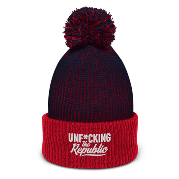 Speckled navy and red pom-pom beanie with white embroidered logo that says ‘Unf*cking The Republic’_