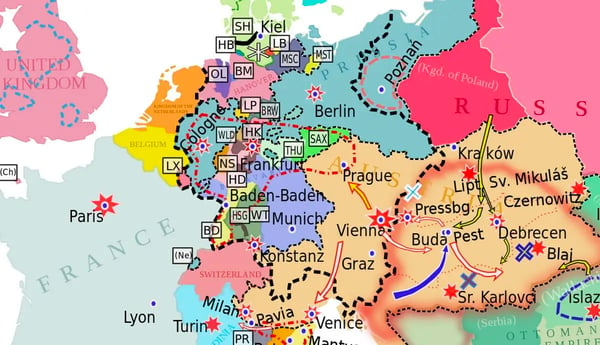 A map of the revolutions in 1848 Europe.