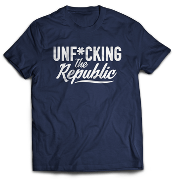 Navy T Shirt with White Unf*cking The Republic Logo