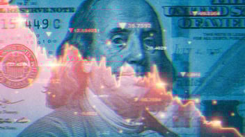 A $100 bill with overlaid declining financial charts and market data. Economic crisis concept.