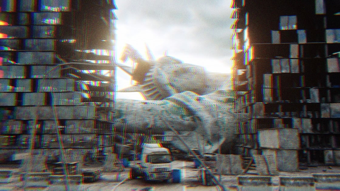 A 3D rendering of a crumbling city; buildings are collapsing and the statue of liberty has fallen on its side, decaying