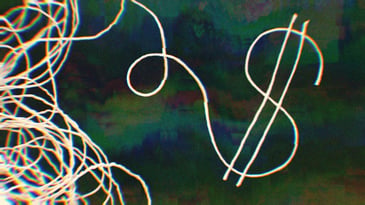 A ball of string unwound, the string on the end is fashioned in the shape of a dollar sign.