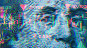 A closeup of Ben Franklin’s monetary portrait with misc. numbers and scattered red down arrows and green up arrows symbolizing the stock market.